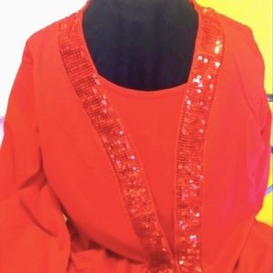 JOSEPH ALLEN RED CARDIGAN SEQUIN WITH CONNECTED TEE SHIRT PETITE LARGE, NEW